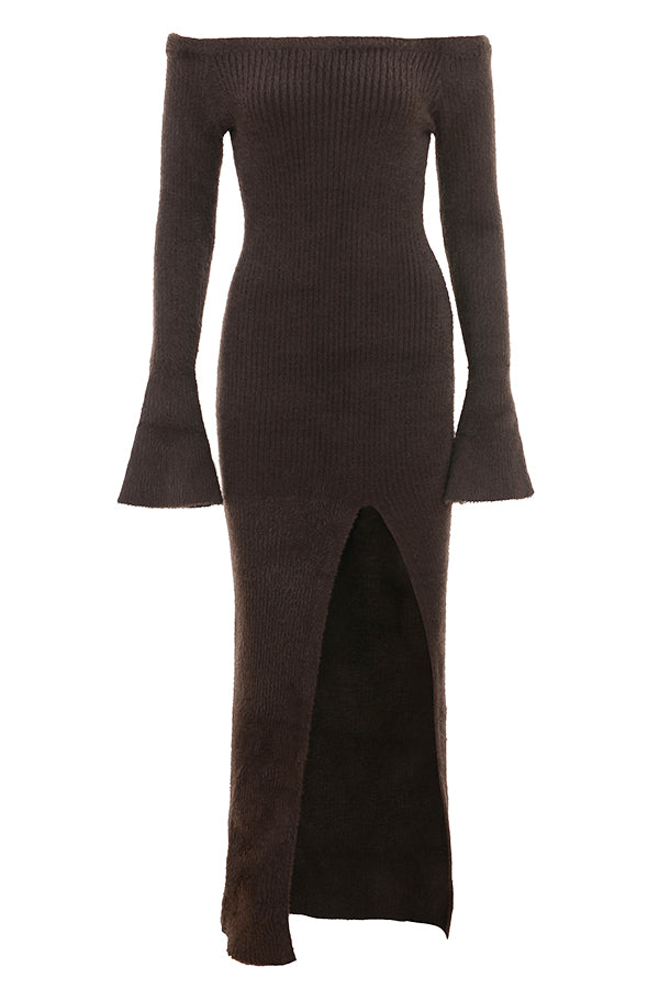 Abito in maglia espresso con spalle scoperte