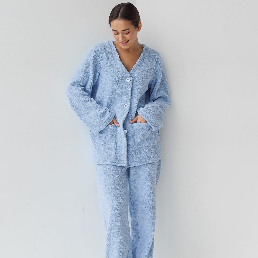 Pigiama da donna in lana blu a maniche lunghe