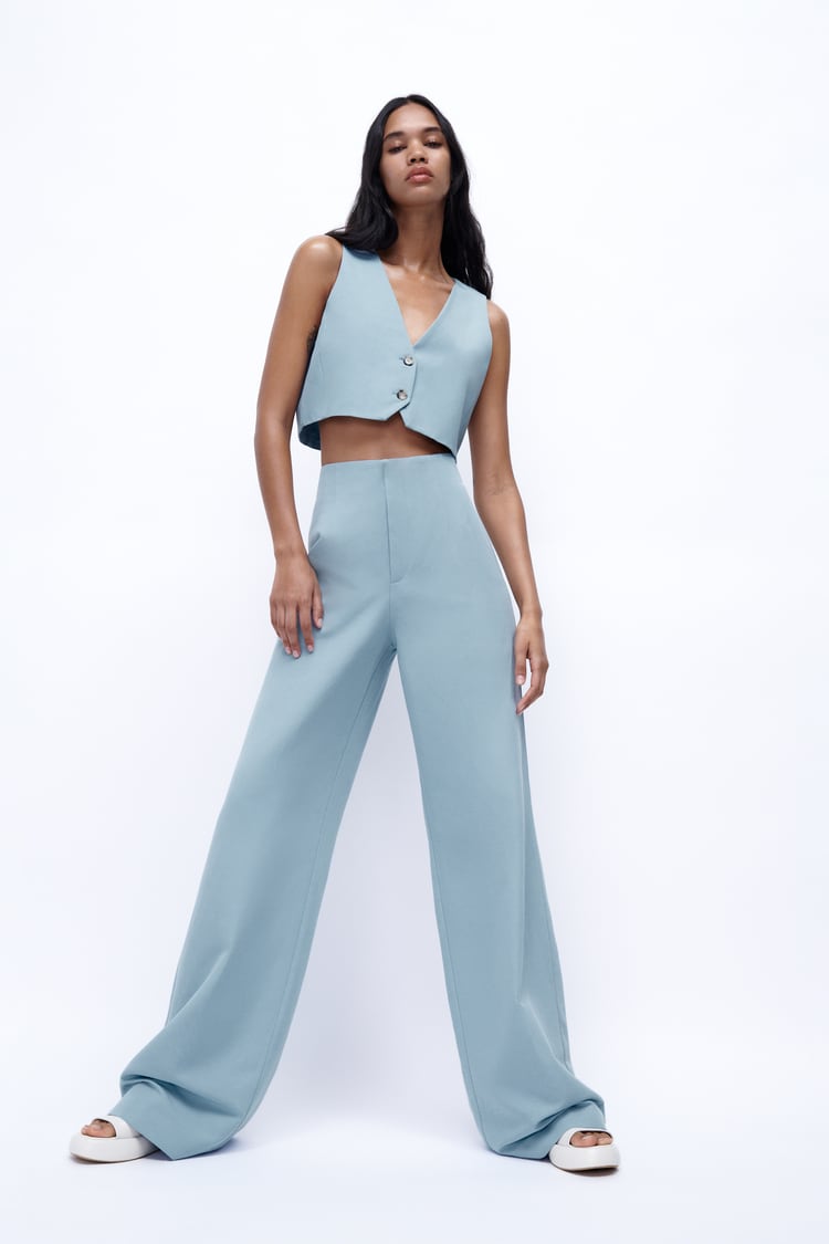 Cardigan cropped in misto lino con pantaloni
