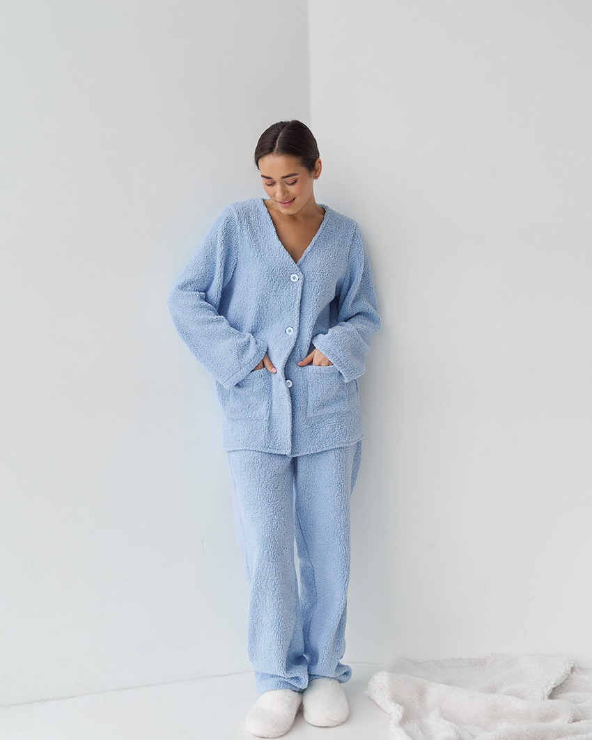 Pigiama da donna in lana blu a maniche lunghe