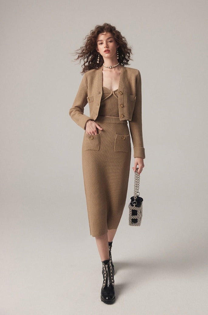 Set cardigan lavorato a maglia composto da top cardigan e gonna