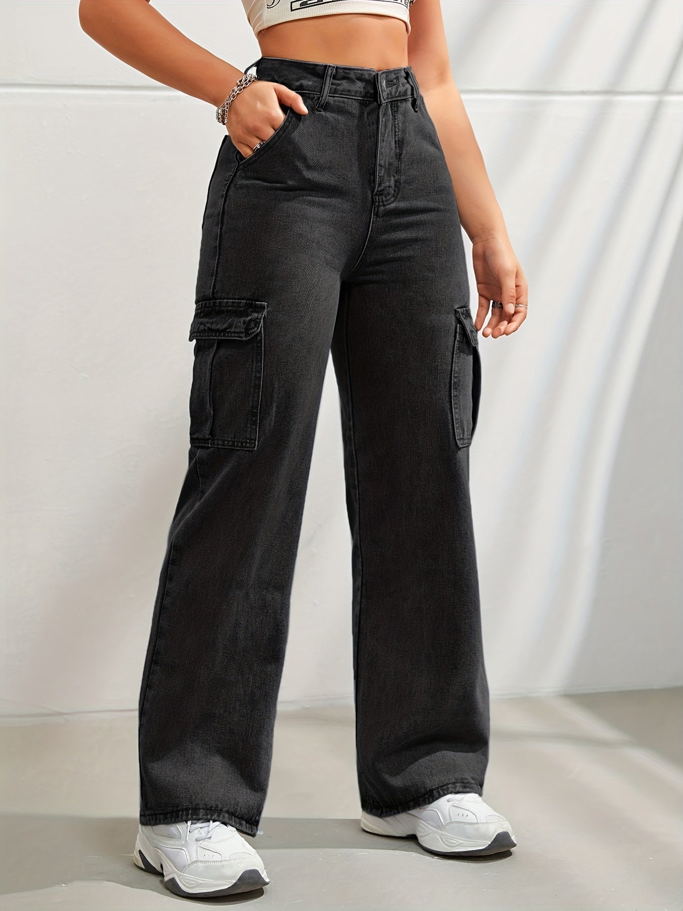 Pantaloni cargo in denim a vita alta