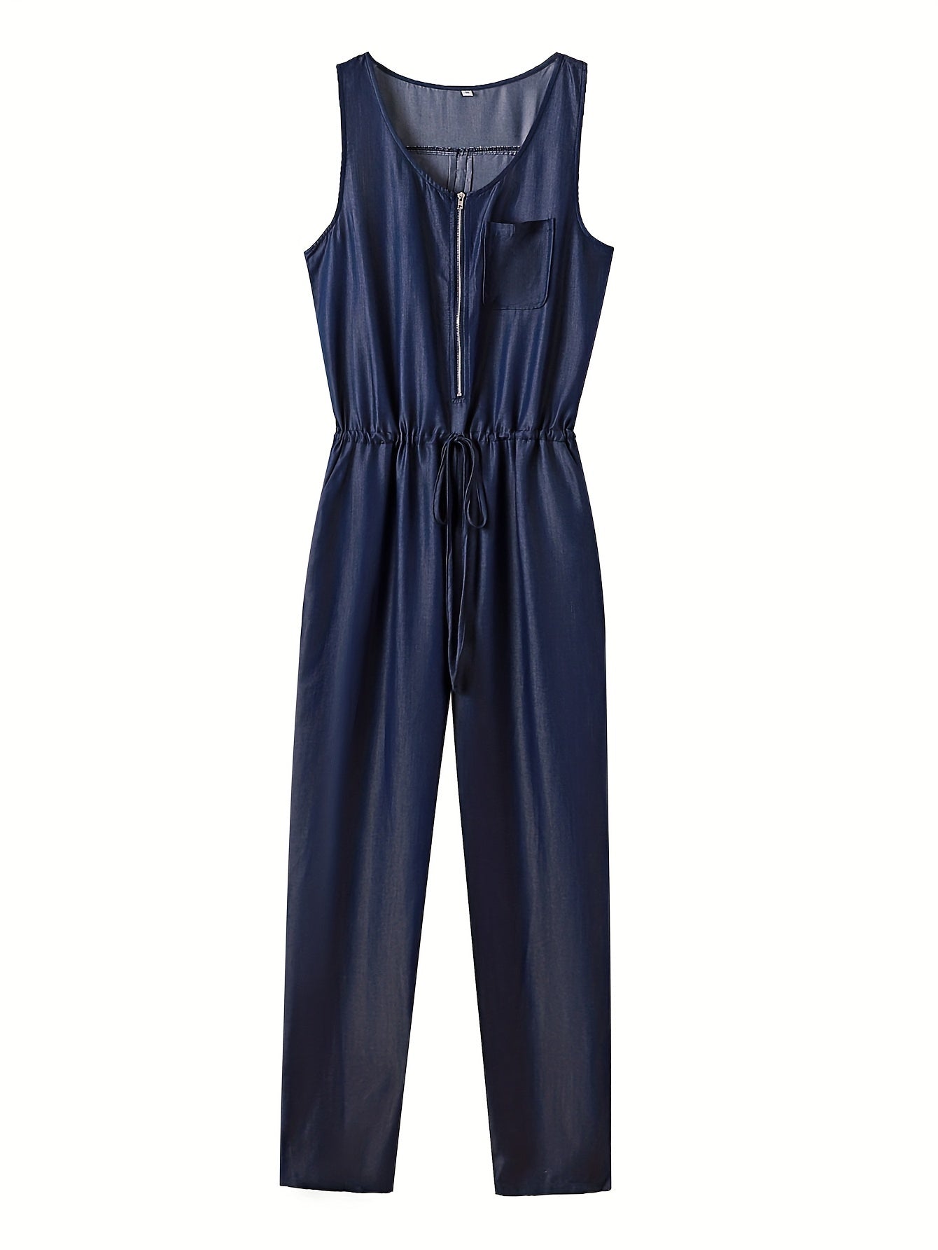 Tuta in denim con cerniera frontale e cintura