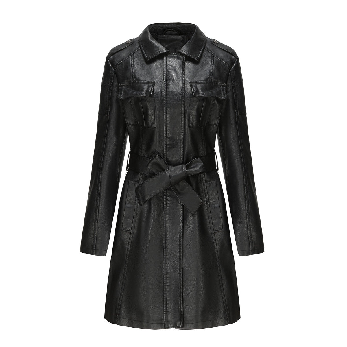 Cappotto lungo da donna in pelle con cintura