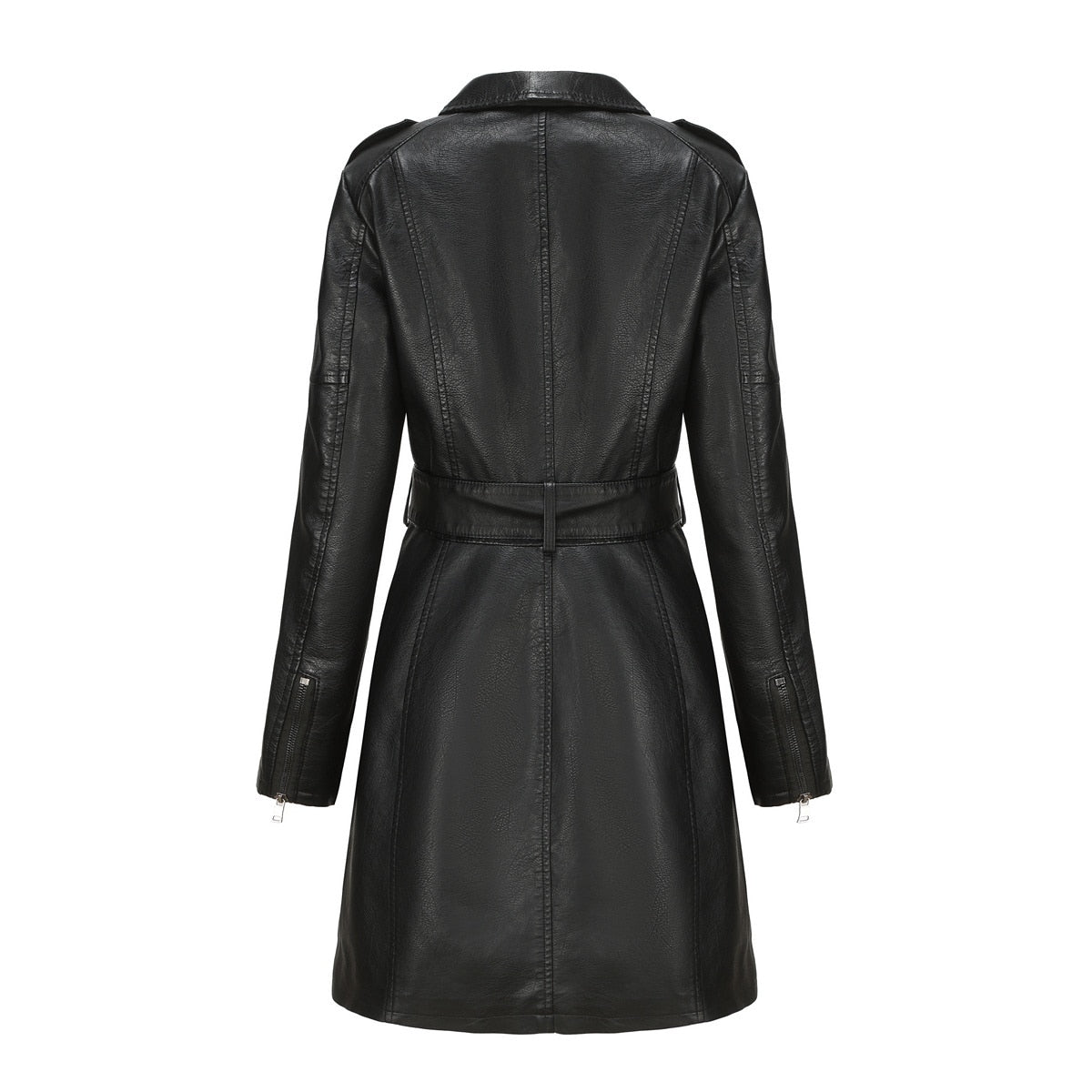 Cappotto lungo da donna in pelle con cintura