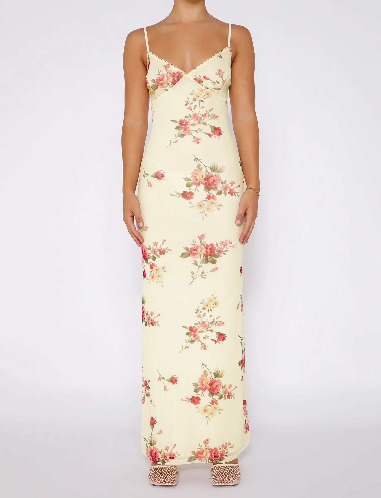 Vestito floreale in pizzo beige