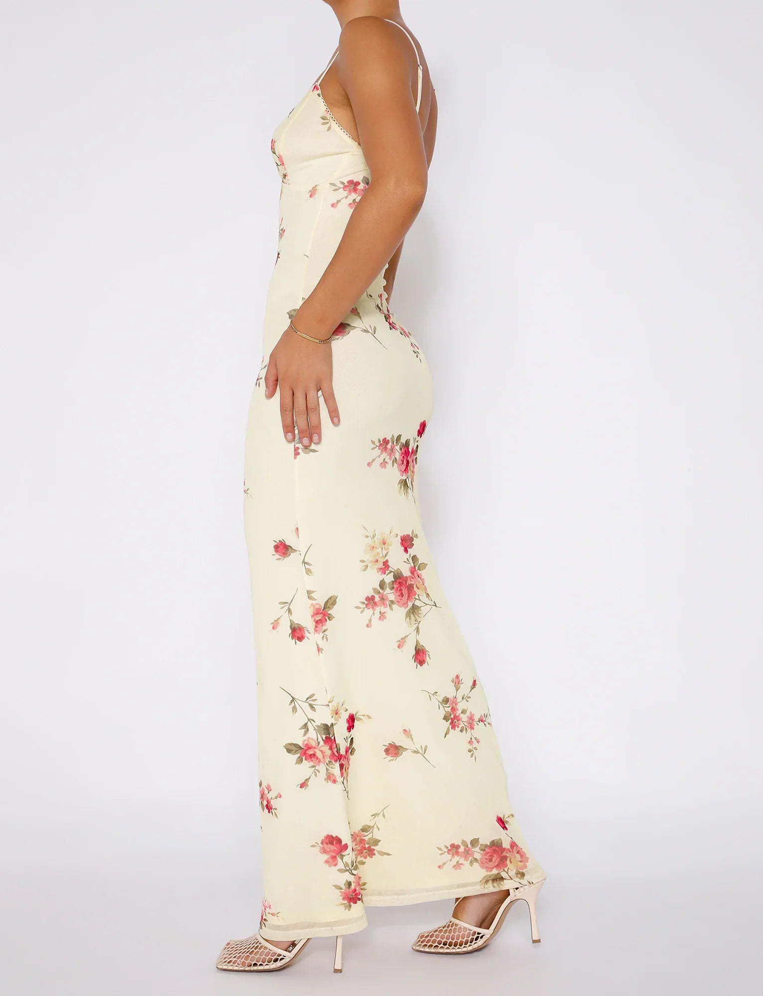 Vestito floreale in pizzo beige