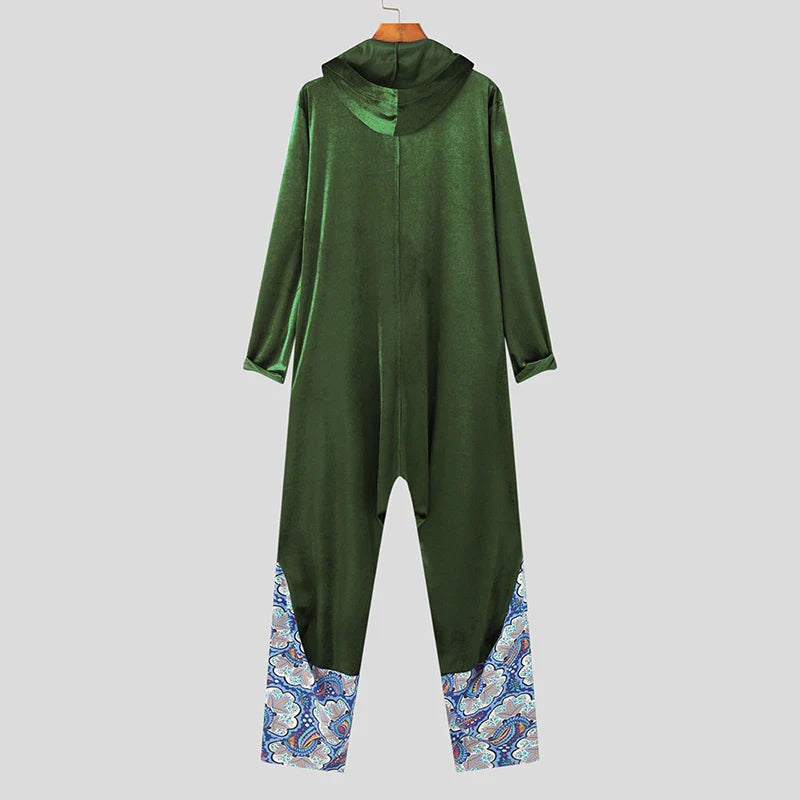 Tuta in velluto patchwork losse con cappuccio