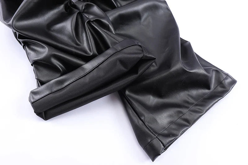Pantaloni neri larghi in pelle PU plissettata
