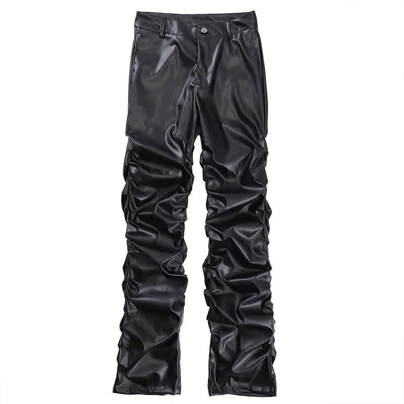 Pantaloni neri larghi in pelle PU plissettata