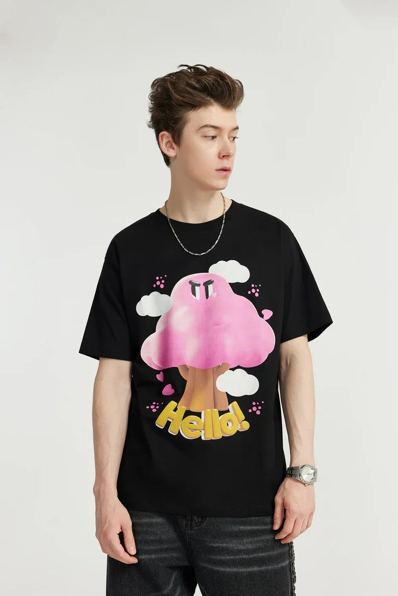 T-shirt con stampa funghi e spalla scesa