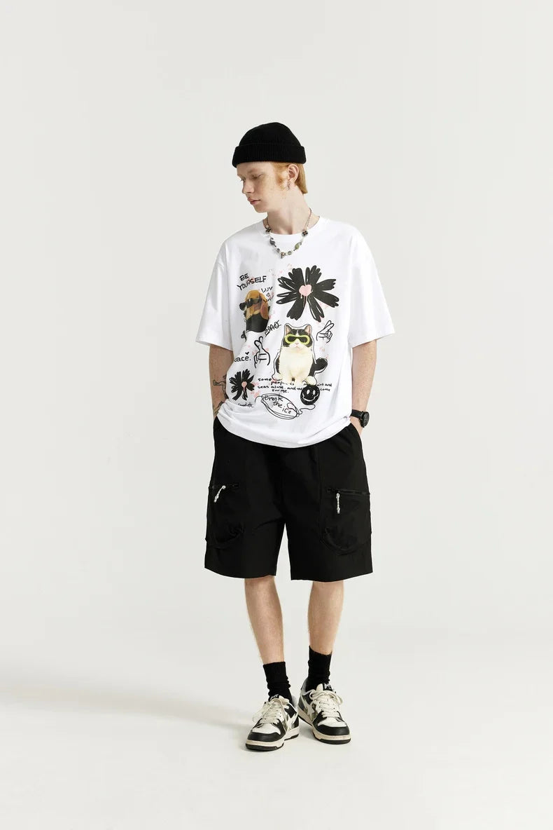 T-shirt con stampa graffiti gatto cane