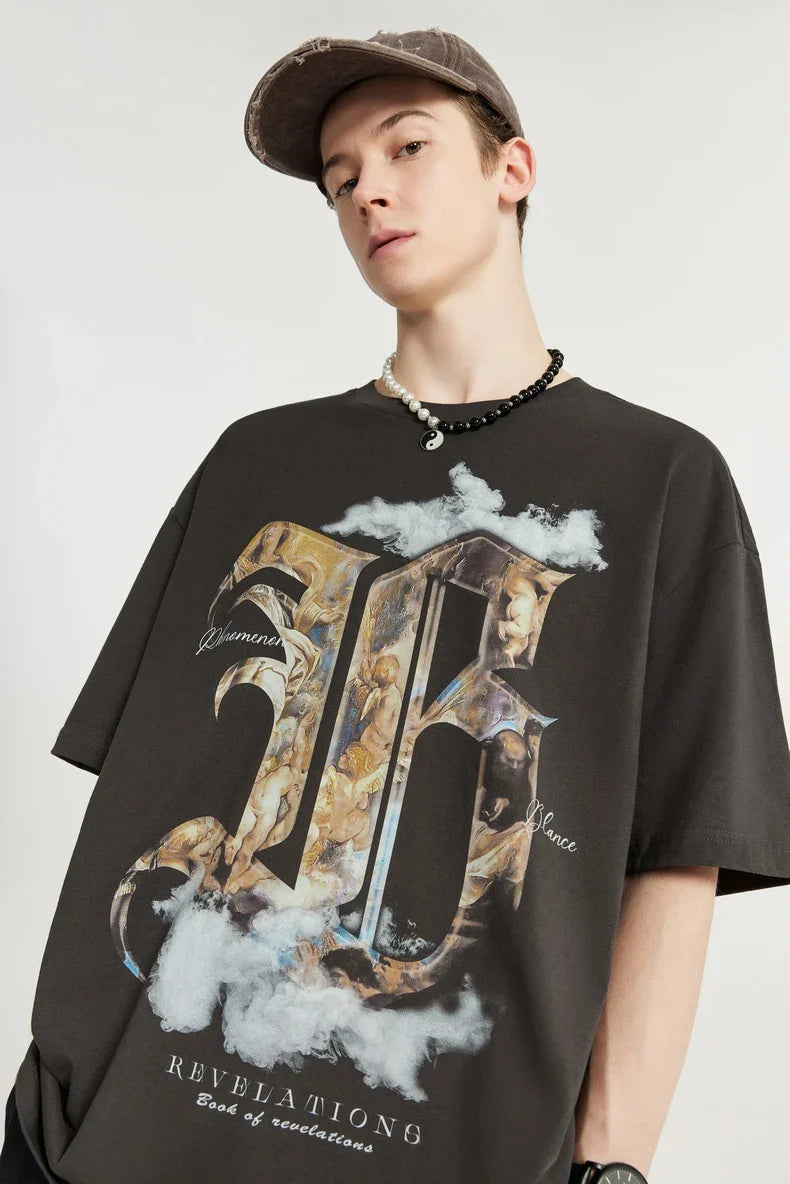 T-shirt con stampa di pittura a olio gotica