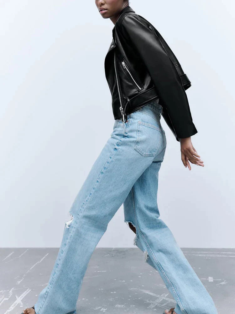 Giacca corta leggera in pelle nera da donna
