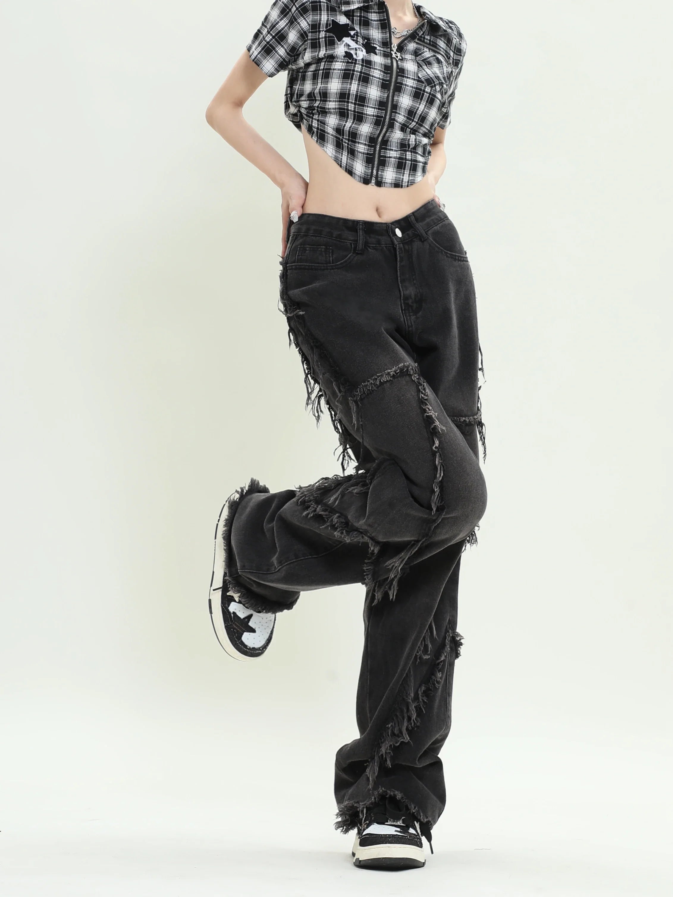 Jeans larghi neri con design a stella