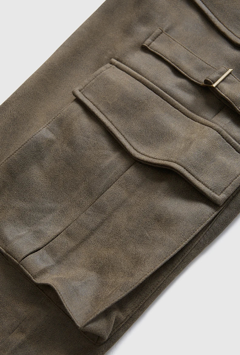 Pantaloni cargo vintage in pelle scamosciata invecchiata