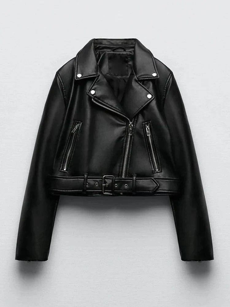 Giacca corta leggera in pelle nera da donna