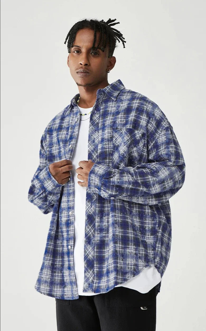 Camicia oversize blu a quadri con maniche lunghe