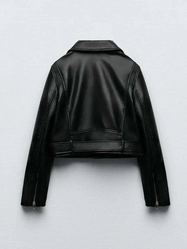 Giacca corta leggera in pelle nera da donna