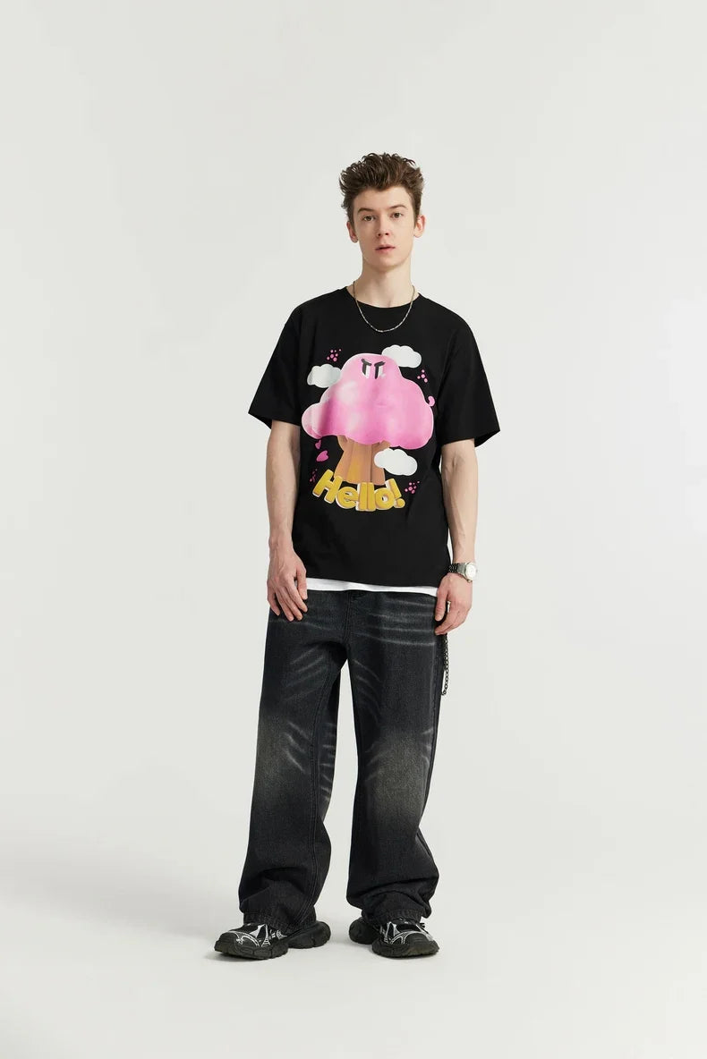 T-shirt con stampa funghi e spalla scesa