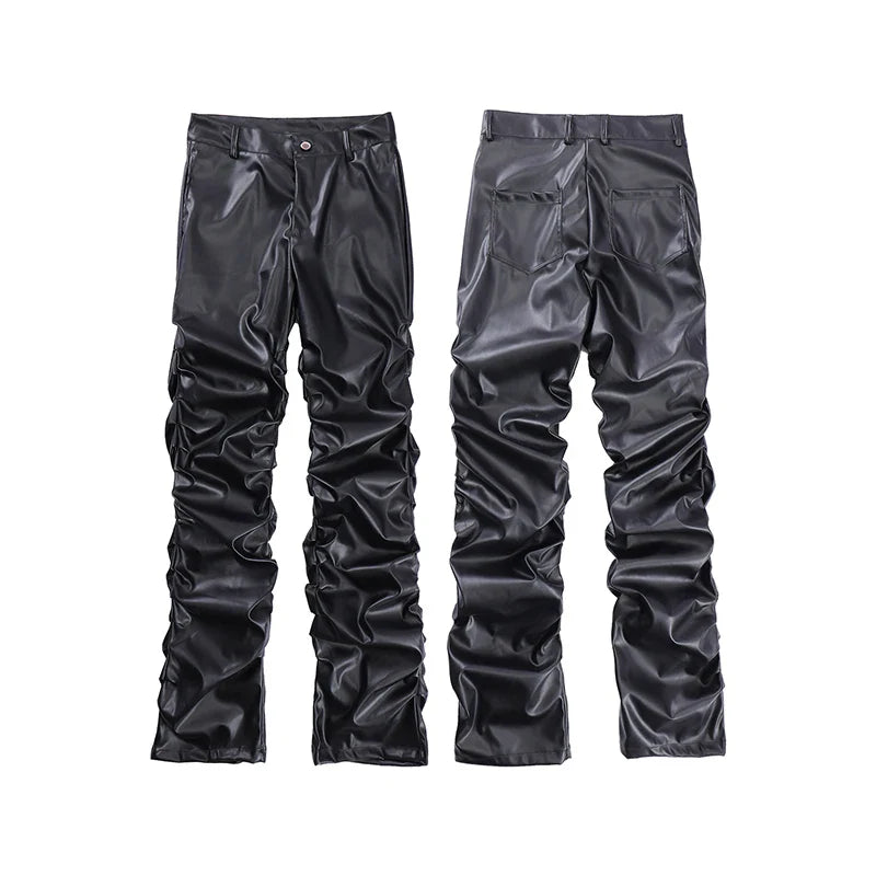 Pantaloni neri larghi in pelle PU plissettata