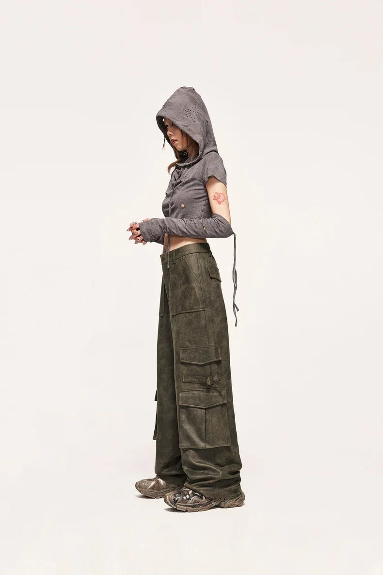 Pantaloni cargo vintage in pelle scamosciata invecchiata