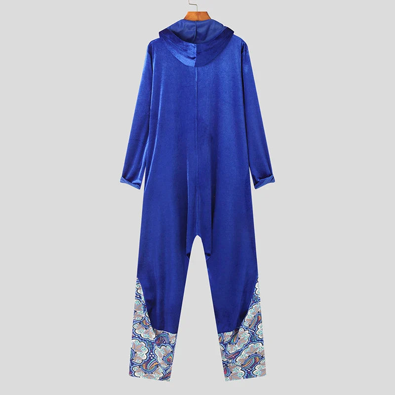 Tuta in velluto patchwork losse con cappuccio