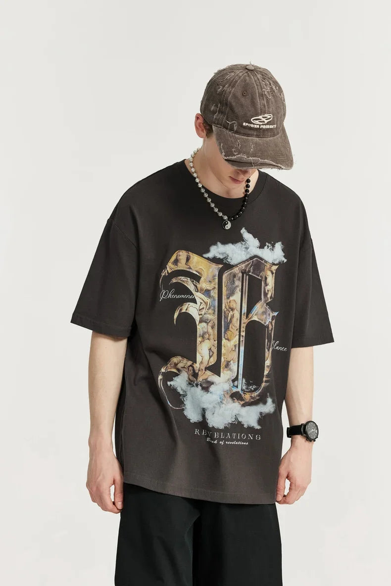 T-shirt con stampa di pittura a olio gotica