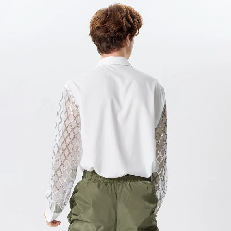 Camicia in rete patchwork di paillettes lucide