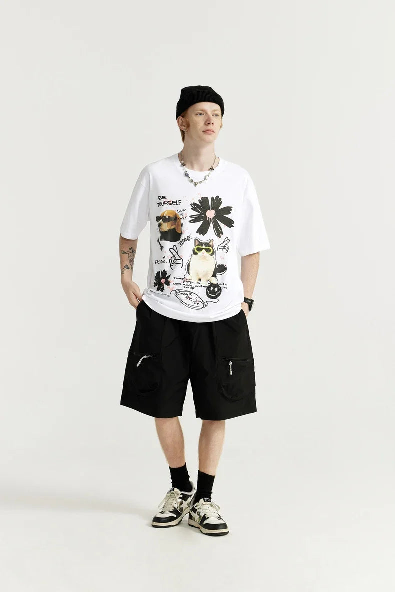 T-shirt con stampa graffiti gatto cane