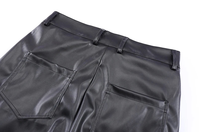 Pantaloni neri larghi in pelle PU plissettata