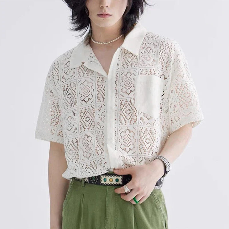 Camicia trasparente con maniche corte e revers
