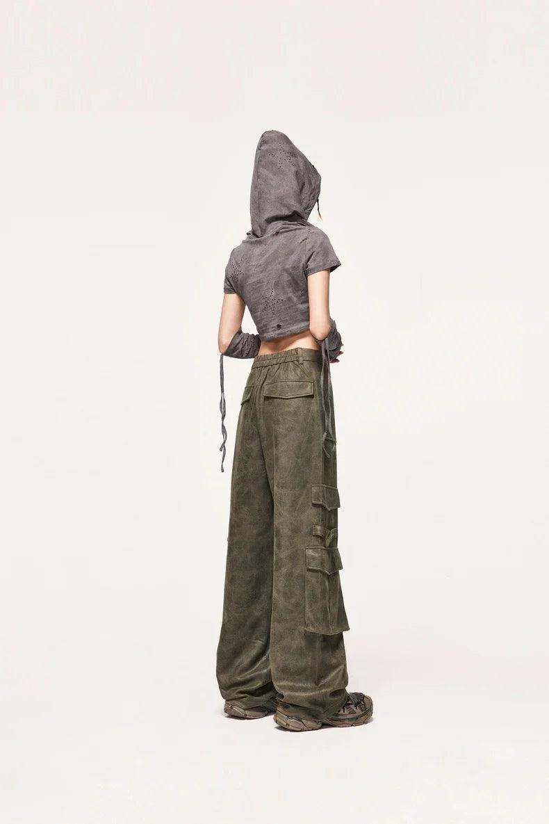 Pantaloni cargo vintage in pelle scamosciata invecchiata