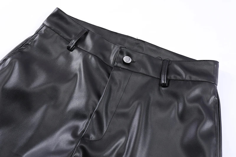 Pantaloni neri larghi in pelle PU plissettata