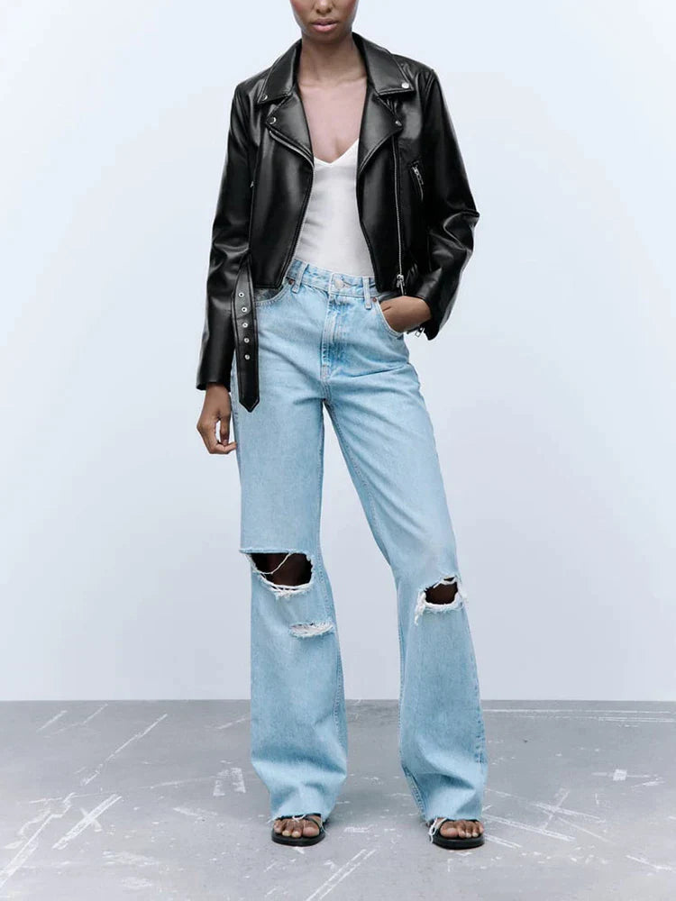 Giacca corta leggera in pelle nera da donna