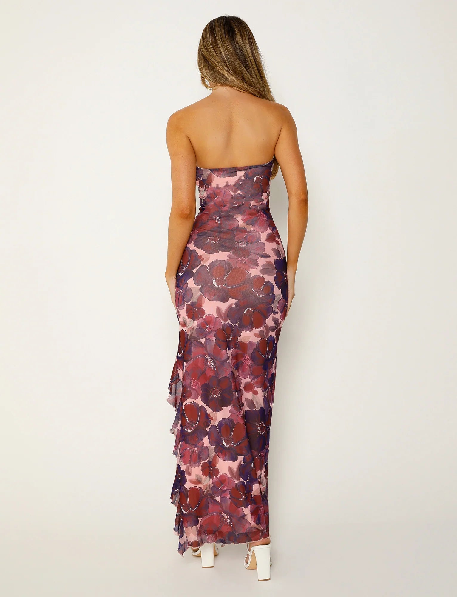 Vestito maxi senza spalline con stampa floreale