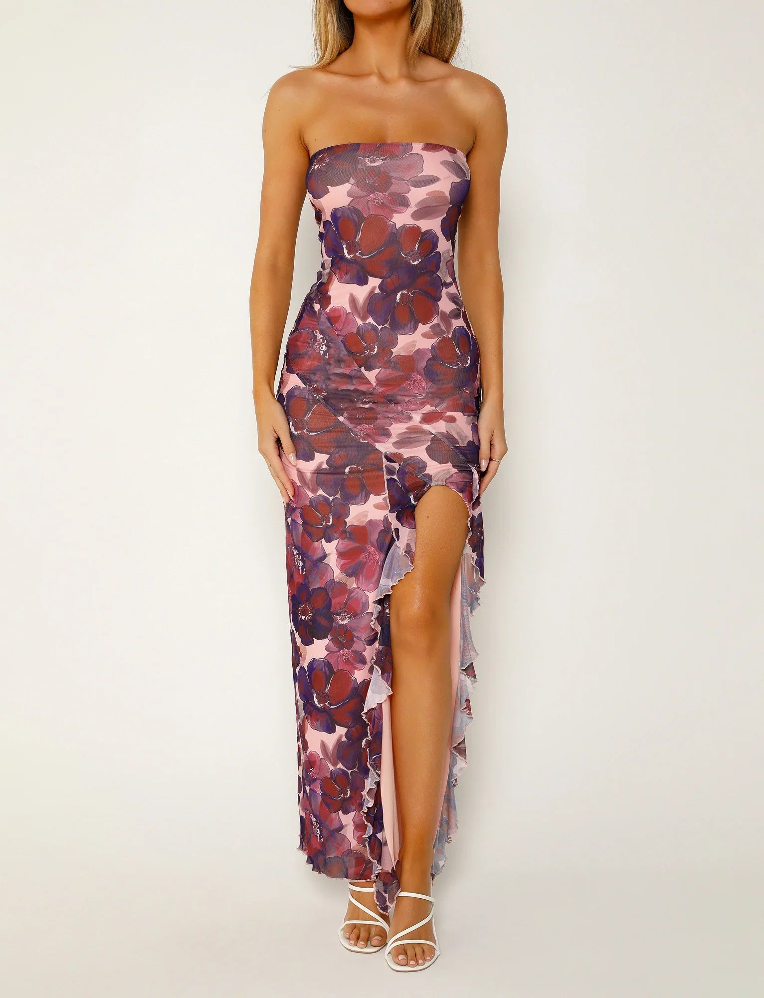Vestito maxi senza spalline con stampa floreale