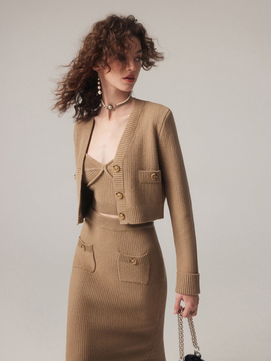 Set cardigan lavorato a maglia composto da top cardigan e gonna