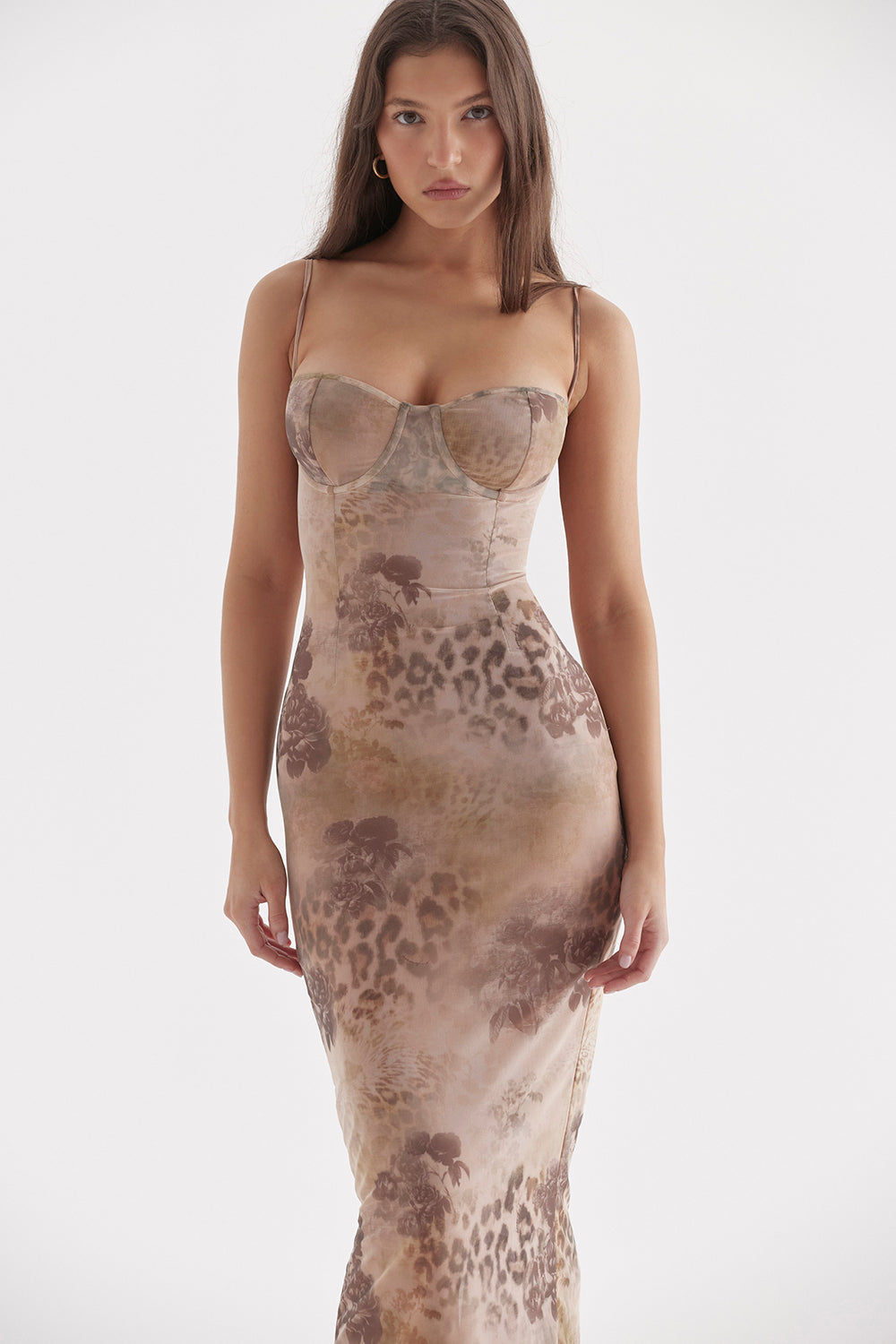 Maxi vestito color panna con stampa floreale