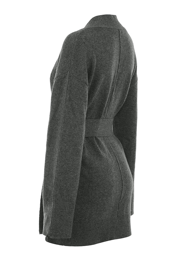 Cardigan in misto cashmere color antracite con cintura, bralette e pantaloni