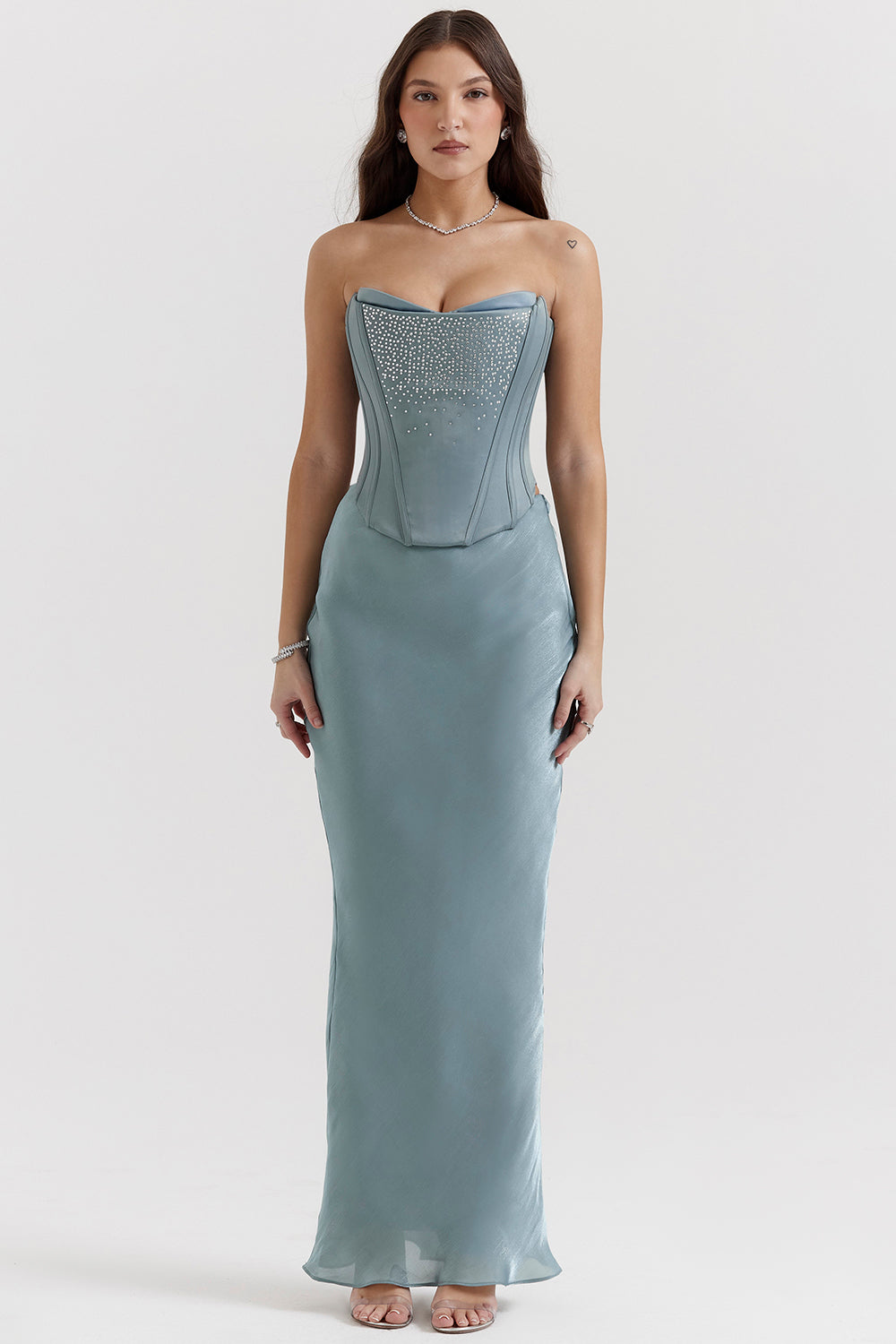 Corsetto in raso decorato blu freddo con gonna