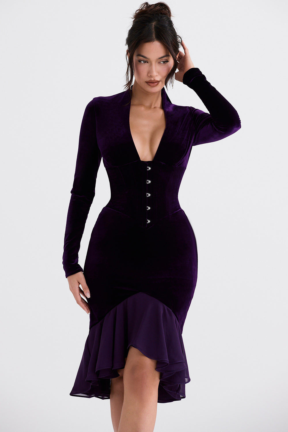 Abito a corsetto in velluto viola scuro