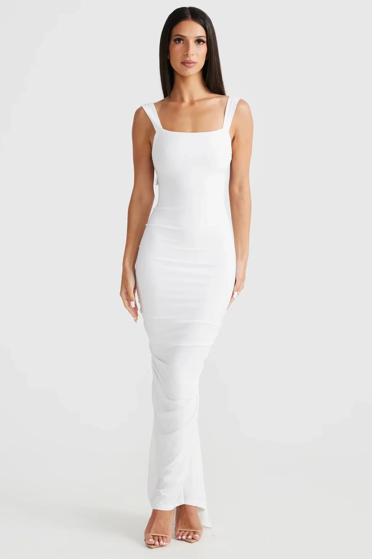 Vestito lungo tubino plissettato con schiena scoperta