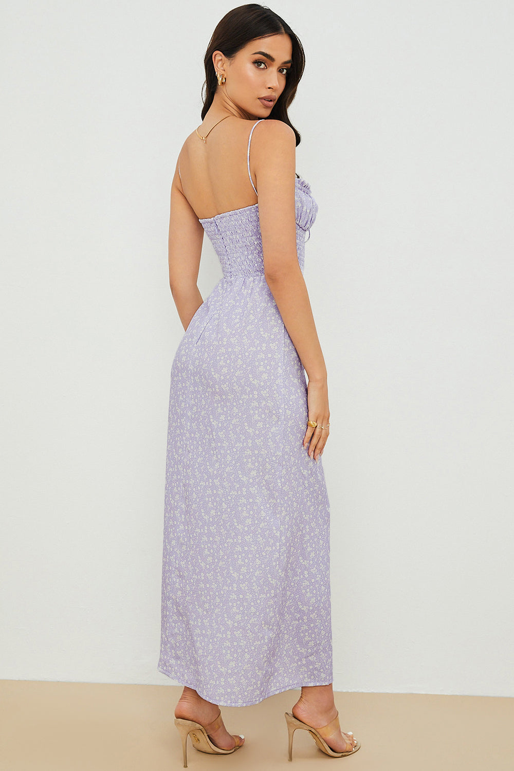 Abito alla caviglia floreale lilla con motivo smock