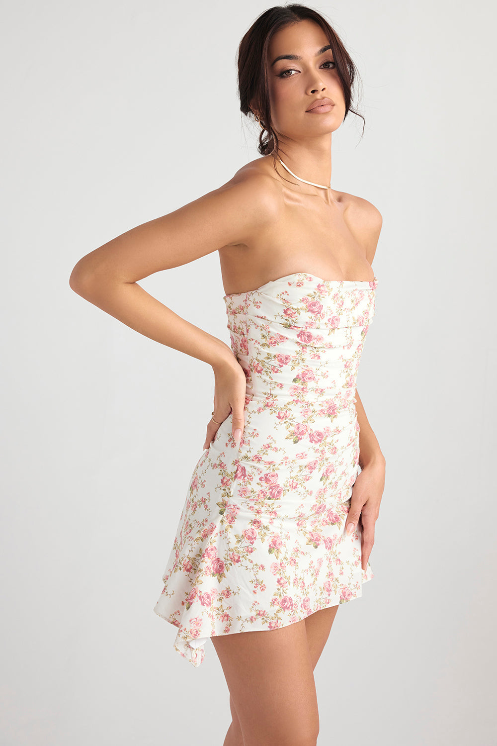Abito a corsetto drappeggiato con stampa di rose