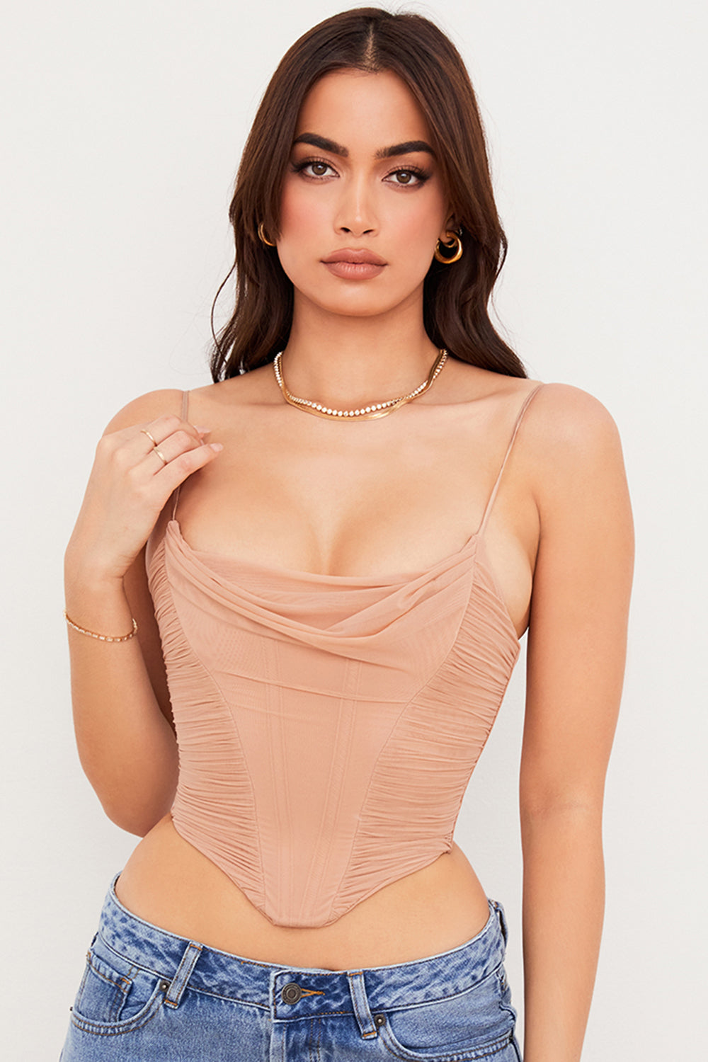 Corsetto drappeggiato in rete beige
