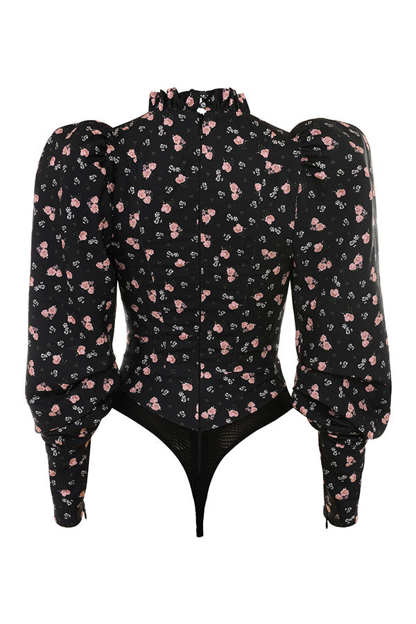 Body corsetto nero con collo alto e stampa floreale