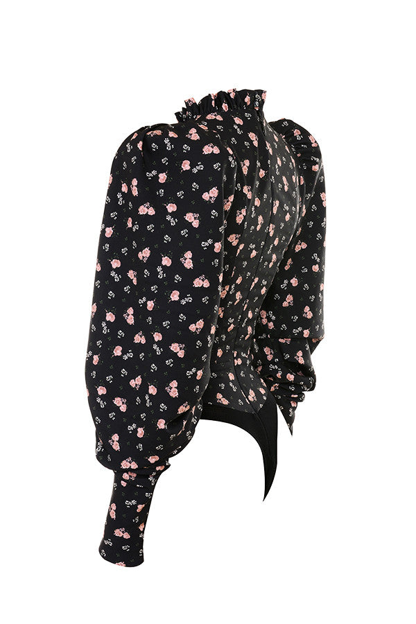 Body corsetto nero con collo alto e stampa floreale