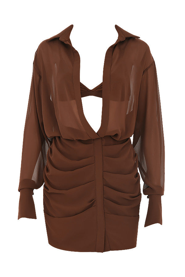 Vestito chemisier e bralette in chiffon color cioccolato