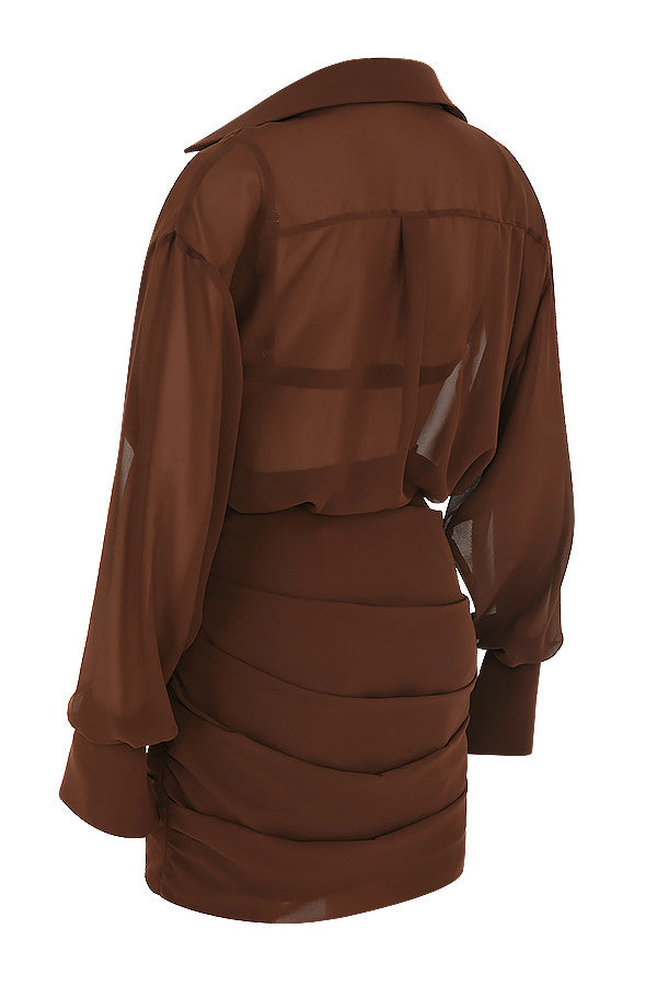 Vestito chemisier e bralette in chiffon color cioccolato